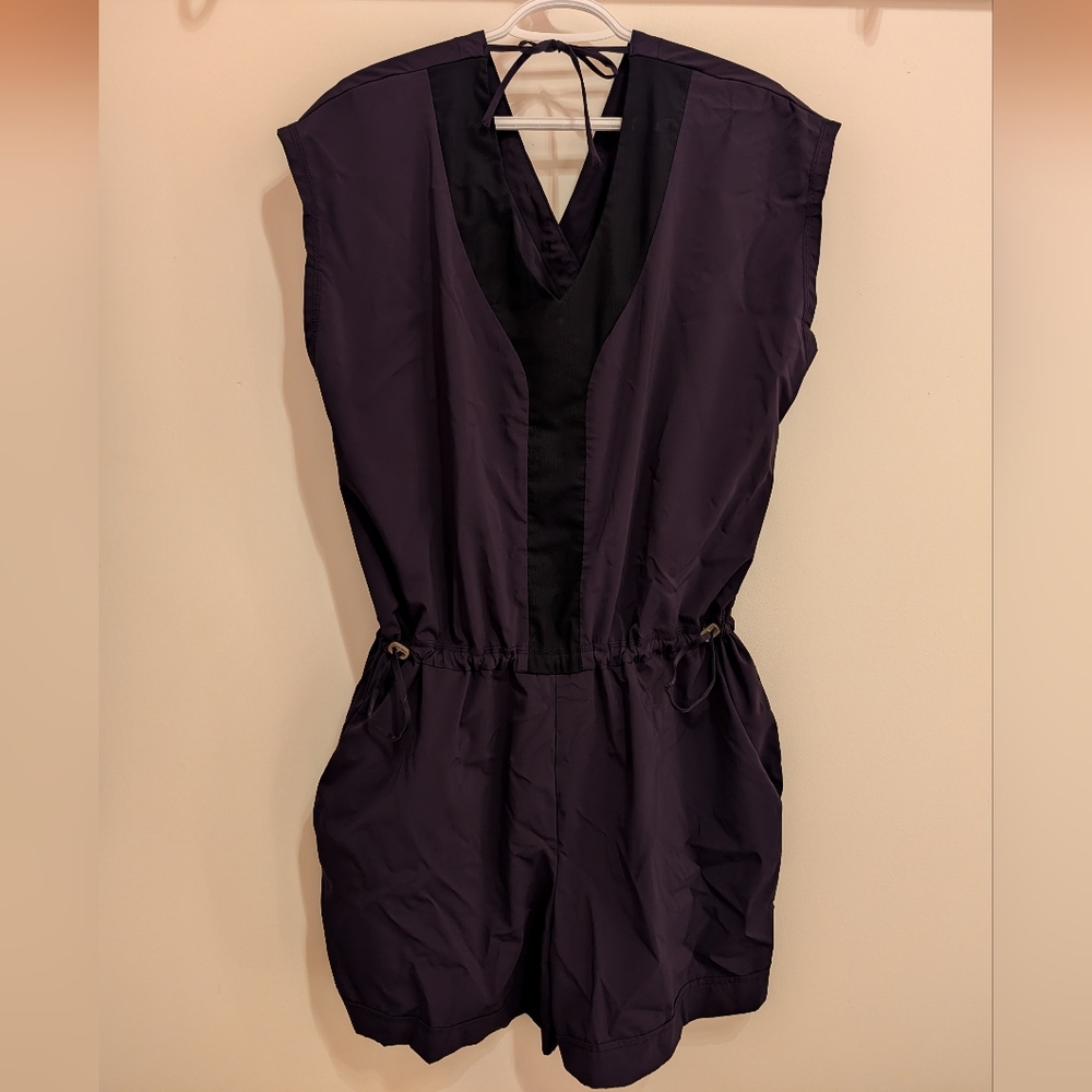 Navy Black V-Neck Romper with Drawstring Waist